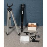 A 'Helios' telescope with tripod. To include a box of lenses and eye pieces etc. L: 71cm.