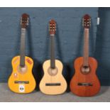 Three acoustic guitars. Includes Palma, Eleca and Bonplay. Tired condition.