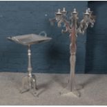 A large metal candelabra, along with a similar tray on stand. (Candelabra 100cm).