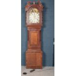 A large Victorian mahogany single weight longcase clock. With twin swan neck pediment, painted dial,