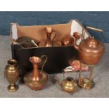 A collection of metalwares. Vintage copper kettle, Brass vases, brass trivet stand examples etc