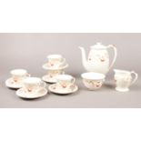 A Myott coffee set. With acorn/oak leaf design. Coffee pot, coffee cups/saucers, sugar bowl, milk