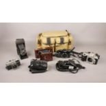 A box of seven various film cameras & bag - to include a No 2 'Hawette' bellows camera, a 'Ensign