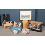 Three boxes of miscellaneous. Includes oriental teawares, telescope, dvds etc.