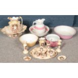 A collection of ceramics. Including wash jugs & bowls, mixing bowl, dressing table set, etc.