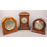 Three 8 day mantel clocks. Including walnut J.W Benson Elliot example, etc.