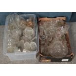 Two boxes of glassware. Including cut glass pedestal bowls, tankard, scent bottles, etc.