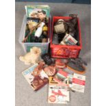 Two boxes of miscellaneous. Includes mantel dog, composite horse and jockey figure, garden sprayer