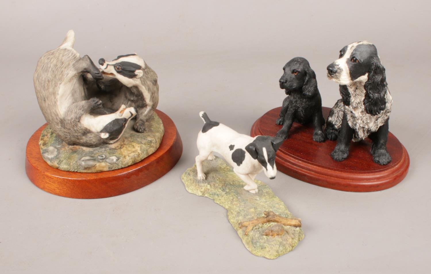 Three Border Fine Art figures. Includes Hayton badger example. Small dog with repair.
