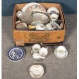 A box of mostly ceramics. Including blue & white, glassware, Alfred Meakin, Colclough, etc.