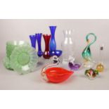 A collection of glass wares. Royal Doulton vase, Murano swans examples etc