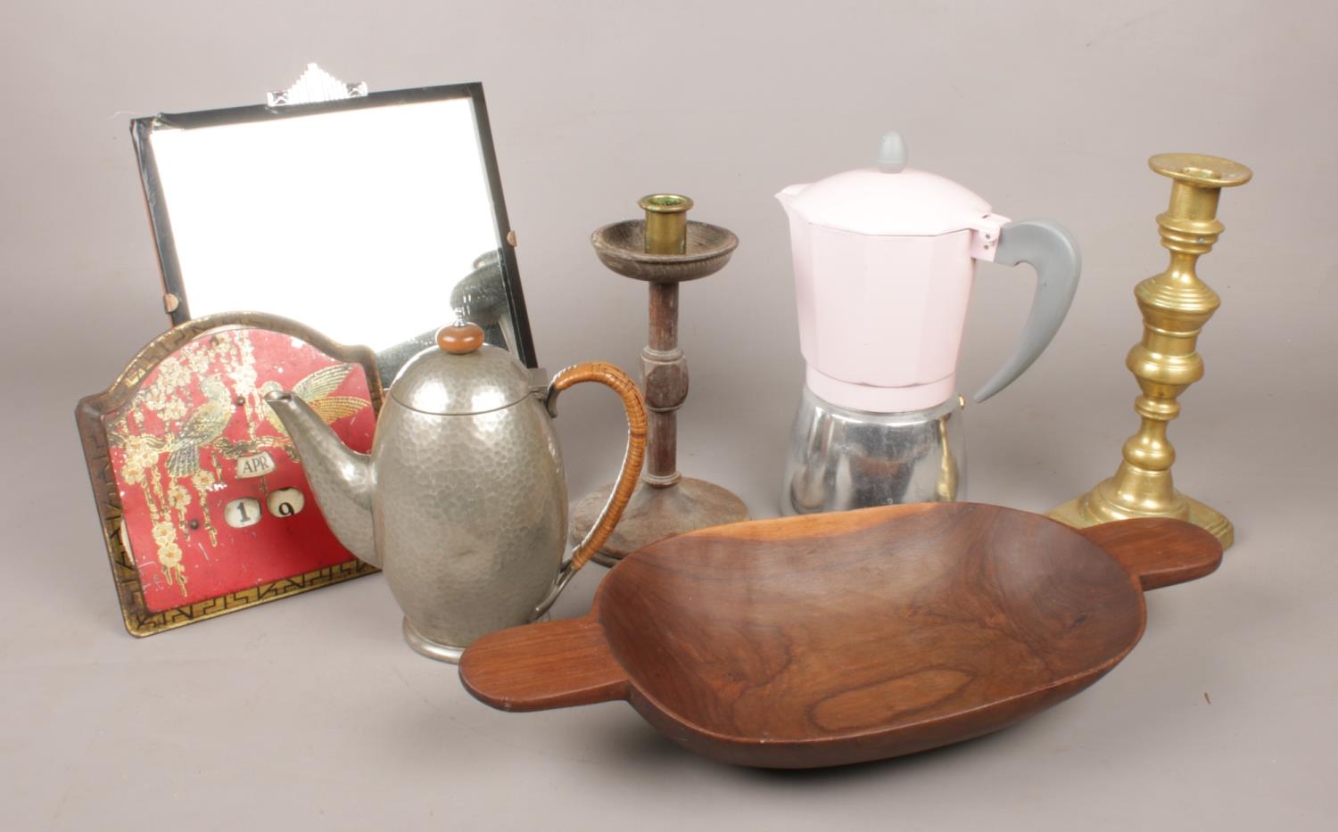 A group of collectables. Includes Art Deco mirror, Tudric pewter coffee pot, candlesticks etc.