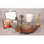 A group of collectables. Includes Art Deco mirror, Tudric pewter coffee pot, candlesticks etc.