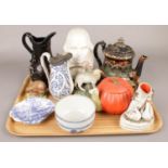 A tray of ceramics. Including Staffordshire figures, Goebel bust of William Shakespeare, Pumpkin