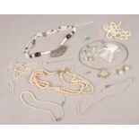 A collection of jewellery. Includes silver pendant necklace, simulated pearls, opal coloured