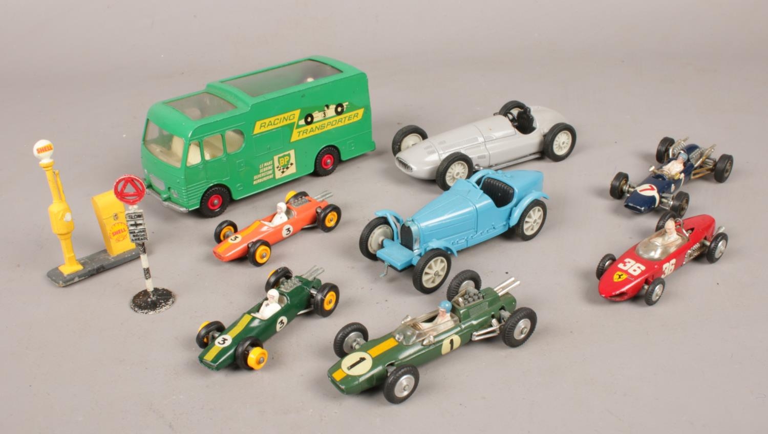 A collection of mainly diecast model racing cars. Include Corgi transporter, Matchbox etc.