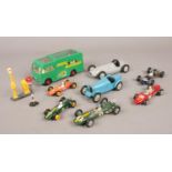 A collection of mainly diecast model racing cars. Include Corgi transporter, Matchbox etc.