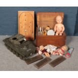 A collection of mainly vintage toys. Includes dolls, bagatelle board, large tank, kaleidoscope etc.