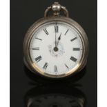 A Victorian Silver fob watch. Assayed in Birmingham in 1883 by Frank Moss. Floral and scroll