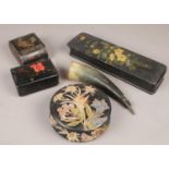 A chinoiserie decorated trinket box along with paper mache glove box, horn drinking vessel, etc.