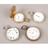 Four pocket watches. Includes Neva yellow metal full hunter, centre seconds chronograph, Smiths