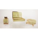 Three pieces of onyx - to include a cubed lighter, a hinged trinket box and circular dish mounted