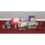 Two boxes of assorted toys - comprising of two Thomas the tank engine clockwork train sets, Honda