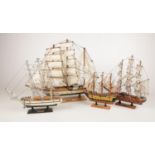 Four wooden models of sail boats. Gorch Fock, HMS Bounty, May Flower and Constitution.