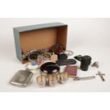 A box of collectables. Including hipflask, pendants, small bear trinket, etc.