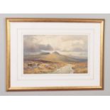 Arthur Suker 1857-1948, gilt framed watercolour, label verso Nr Belston Dartmoor. 28cm x 48cm