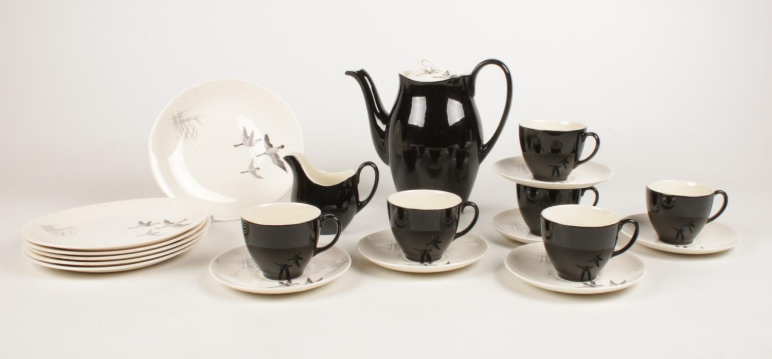 A Johnson Bros coffee set. Coffee pot, milk jug, six cups, saucers, side plates. with bird design.