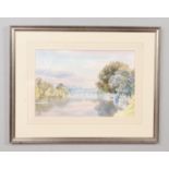 Michael Vicary, framed watercolour boats moored in a river landscape, signed bottom left, provenance