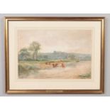 Henry Charles Fox 1855-1929, gilt framed watercolour, river landscape with cattle watering. Entitled