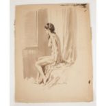 Harry Arthur Riley R I, 1895-1966. Watercolour study of a seated naked young female, 50cm x 39cm.