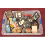 A box of assorted vintage tins and photograph frames. Includes Duncan's, Rowntree's etc