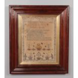 A large Victorian sampler in swept rosewood frame. By Phoebe A.E. Cooper aged 11, 1880. 50cm x 39cm.