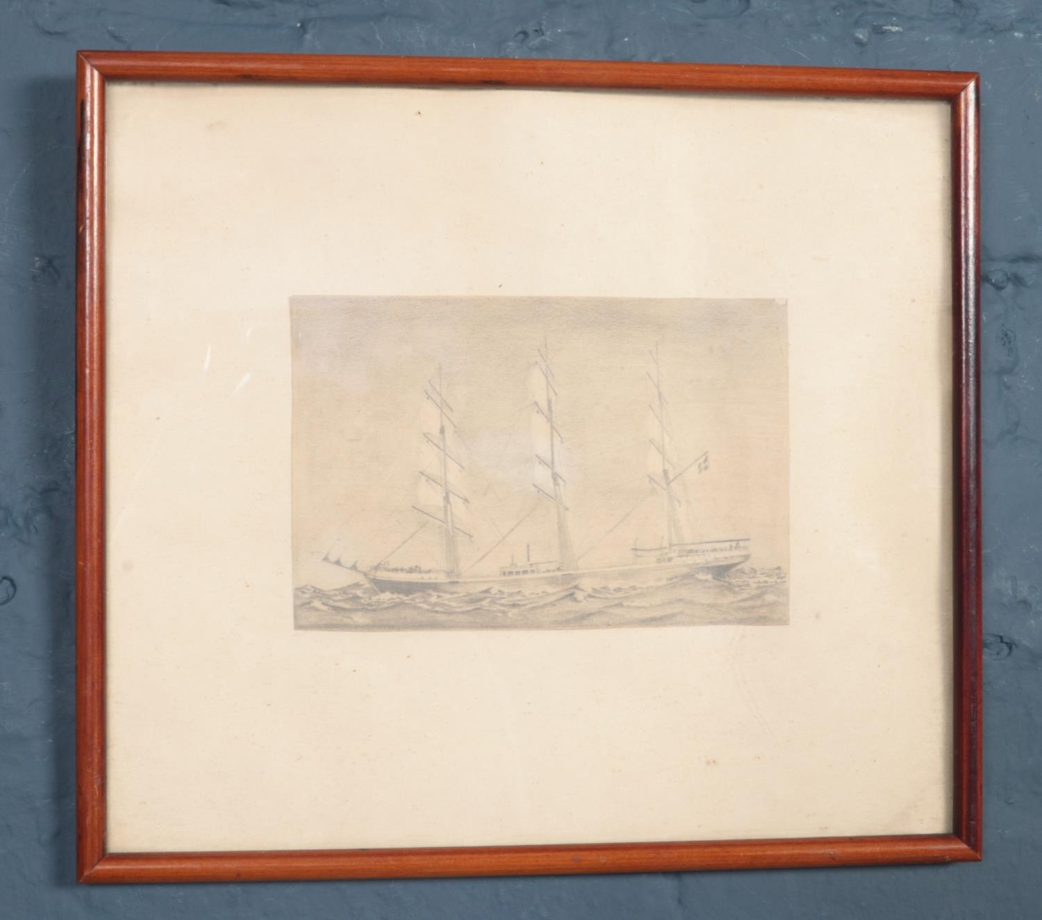 A small framed pencil sketch of a ship. (10.5cm x 16cm). Frame backing loose.