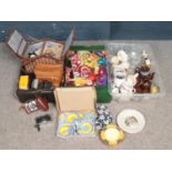 Three boxes of miscellaneous. Includes photographic, sewing, ceramics, horse rosettes etc.