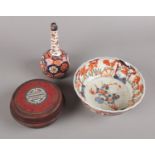 Japanese Meiji period imari scallop edge bowl and bud vase together with a paper mache and