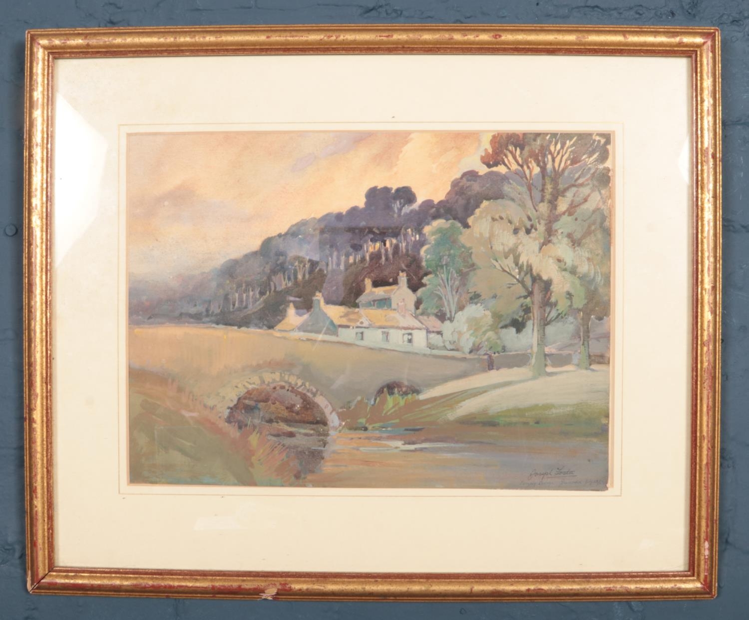 Joseph Foster, A gilt frame watercolour, rural landscape with a bridge, titled Penny Bridge. (27cm x