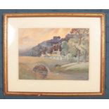 Joseph Foster, A gilt frame watercolour, rural landscape with a bridge, titled Penny Bridge. (27cm x