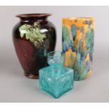 A group of mid century style items - to include two West German style vases & a Whitefriars style