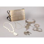 A group of costume jewellery & Python skin handbag. necklaces, earrings examples etc.