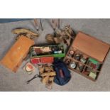 A collection of vintage fishing equipment. Includes Milward's and Bruce & Walker rods, floats,