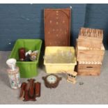 Two boxes of miscellaneous. Including decorative vase, brush set, bagatelle board, wooden storage