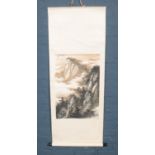 A large silk mounted Chinese watercolour scroll painting of a landscape. This item Chinese