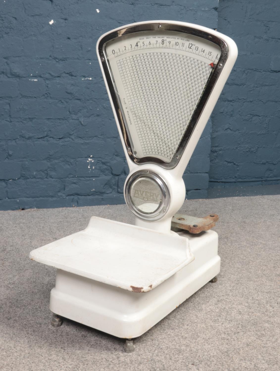 A set of large mid-20th Century Avery scales - comprising of white enamelled metal. H: 73cm, W:33cm, - Image 2 of 2