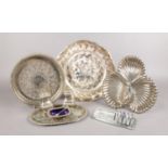 A selection of mostly silver plate - to include, a cruet set on tray, a triple serving dish, a