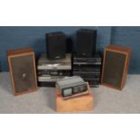 A quantity of hi-fi equipment. Including speakers, Crown portable radio, Toshiba tuner, Hitachi