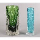 Two White friars vases. Meadow green & Kingfisher blue bark effect. (15cm height)